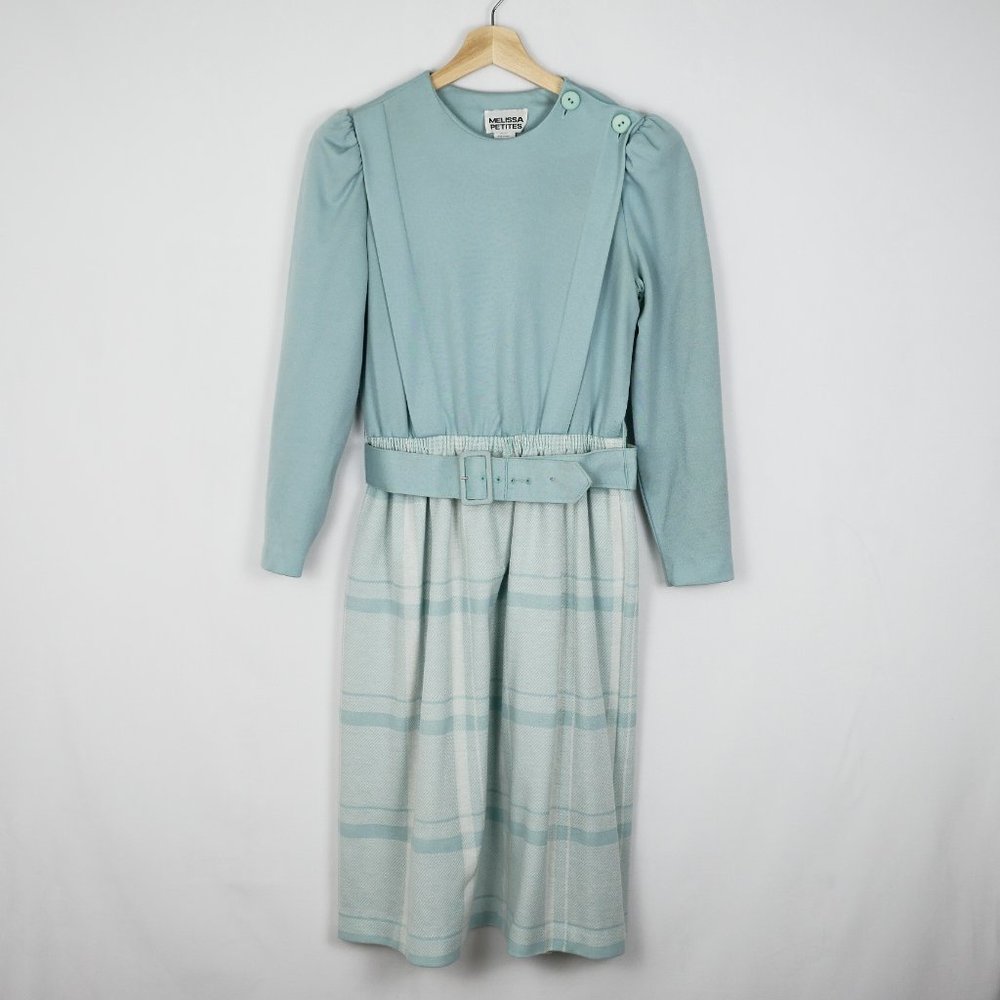 Vintage Melissa Petites Plaid Belted Dress Made in USA, Light Blue, Women 10